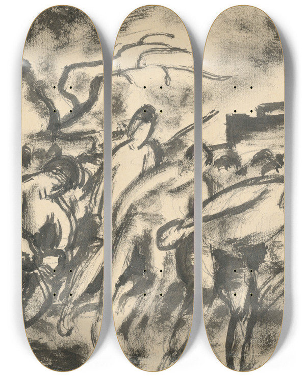 Triptych art skateboard deck of Kontantn Bauer Trajk I by Konstantin Bauer (1893-1928)