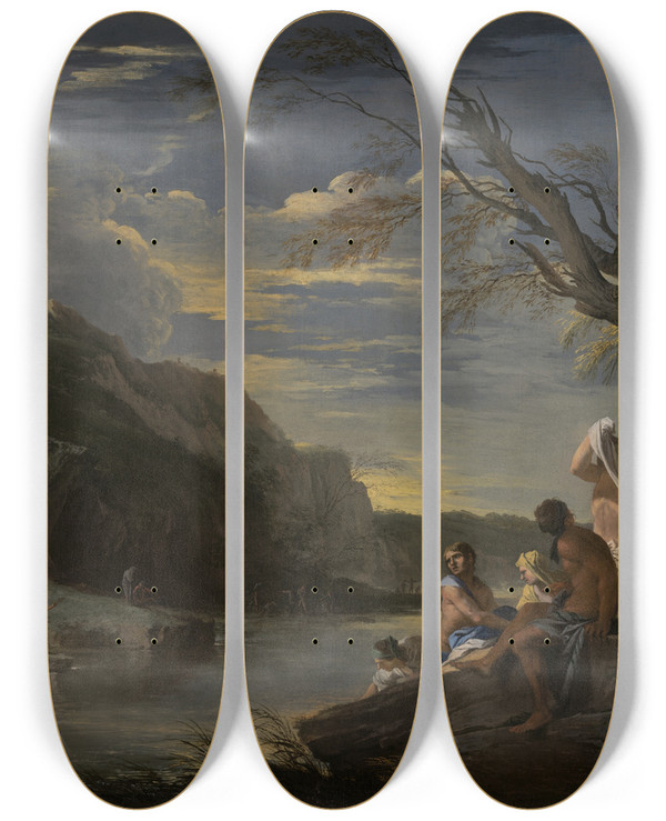 Triptych art skateboard deck of Salvator Rosa Landscape Withbathers by Salvator Rosa (1615-1673)