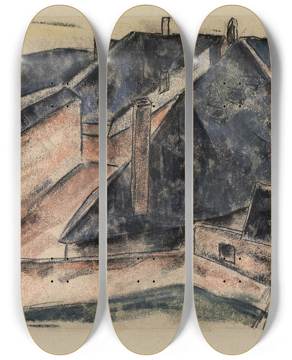 Triptych art skateboard deck of Heinrich Schrder Rooftops by Heinrich Schroder (1881-1943)
