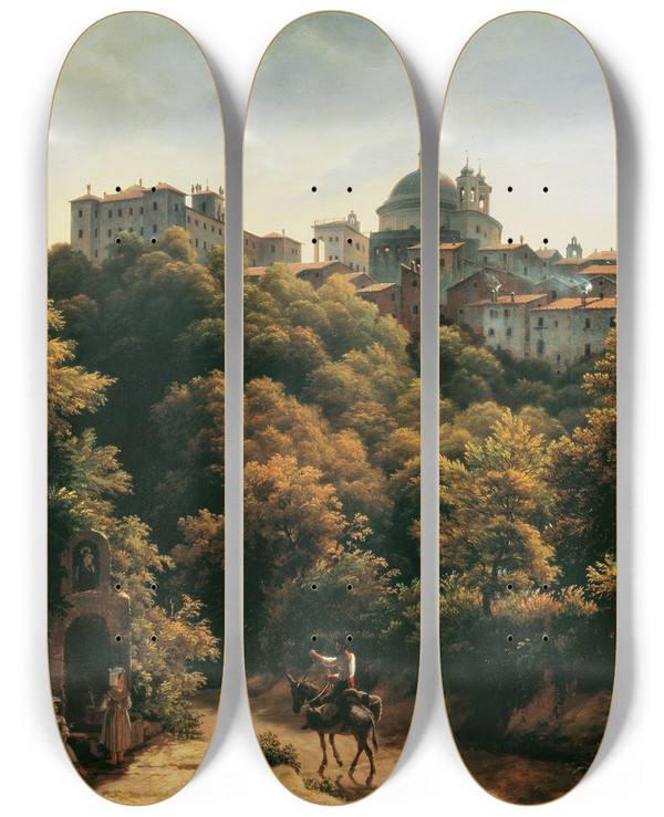 Triptych art skateboard deck of Johann Heinrich Schilbach Ansicht Von Ariccia by Johann Heinrich Schilbach (1798-1851)