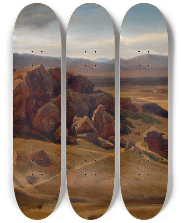 Triptych art skateboard deck of Josef Hoffmann Gebirgslandschaft Bei Athen Der Areopag by Josef Hoffmann (1831-1904)