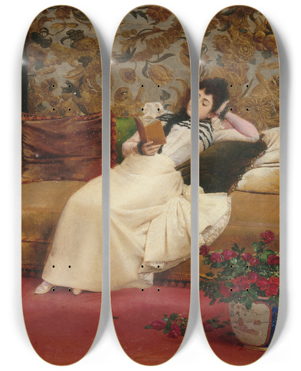 Triptych art skateboard deck of Georges Croegaert La Lecture by Georges Croegaert (1848-1923)