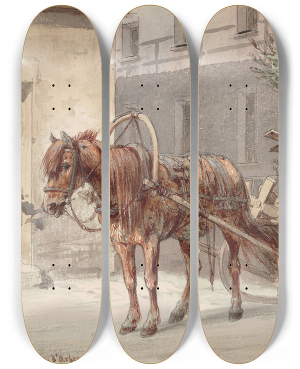 Triptych art skateboard deck of Adolf Jossifowitsch Charlemagne Christmas Tree Saleswoman by Adolf Jossifowitsch Charlemagne (1826-1901)