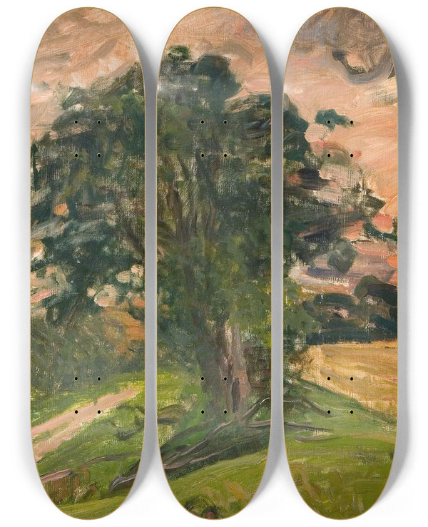 Triptych art skateboard deck of Albert Gottschalk Aftenlandskab Tisvilde by Albert Gottschalk (1866-1906)