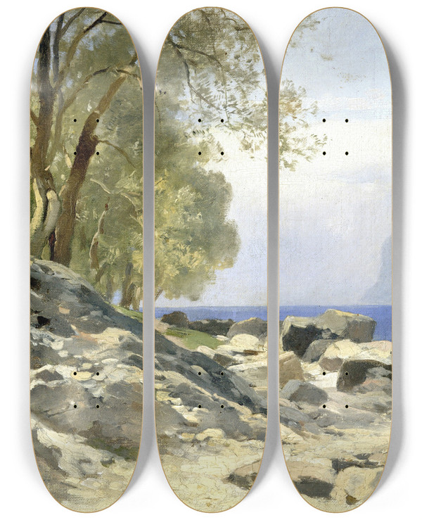 Triptych art skateboard deck of Carl Bolze Ufer Am Gardasee by Carl Bolze (1832-1913)