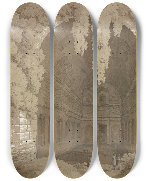 Triptych art skateboard deck of Wilhelm Friedrich Gmelin Blick In Eine Antike Tonnengewlbte Grotte by Friedrich Wilhelm Gmelin (1745-1821)