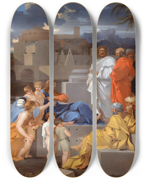 Triptych art skateboard deck of Sbastien Bourdon Christ Receiving The Children by Sebastien Bourdon (1616-1671)