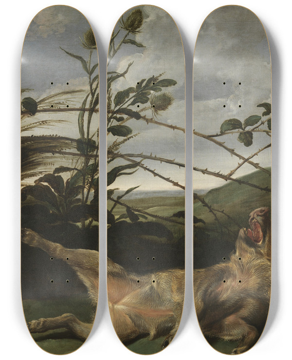 Triptych art skateboard deck of Daniel Schultz A Greyhound Catching A Young Wild Boar by Daniel Schultz (1615-1683)