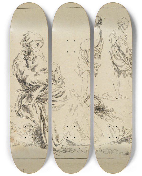 Triptych art skateboard deck of Franois Boucher Figure Studies_6 by Francois Boucher (1703-1770)