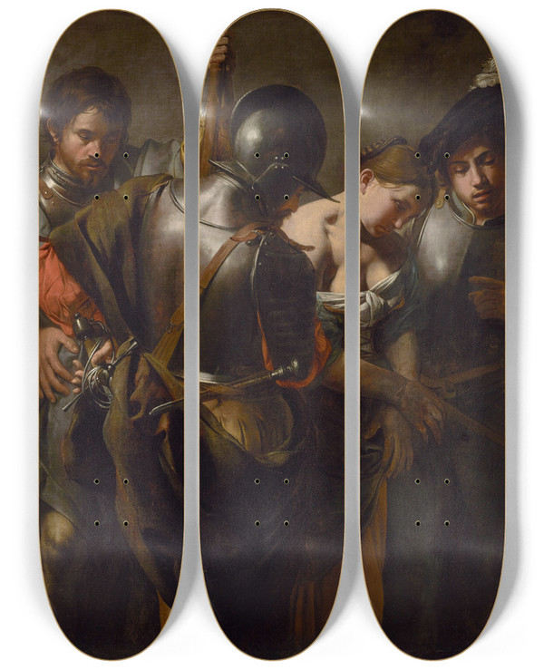 Triptych art skateboard deck of Valentin De Boulogne Christ And The Adulteress by Valentin De Boulogne (1594-1632)