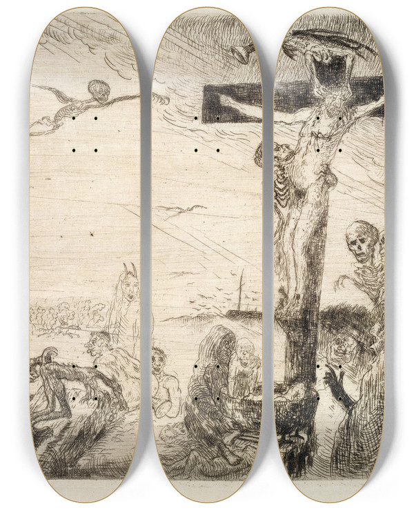 Triptych art skateboard deck of James Ensor Christ Tormented By Demons by James Ensor (1860-1949)