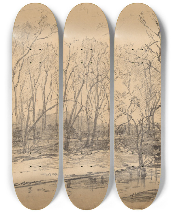 Triptych art skateboard deck of Walter Shirlaw Munich Factory by Walter Shirlaw (1838-1909)