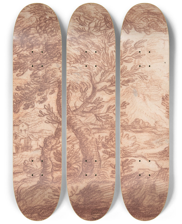 Triptych art skateboard deck of Aureliano Milani Landscape by Aureliano Milani (1675-1749)