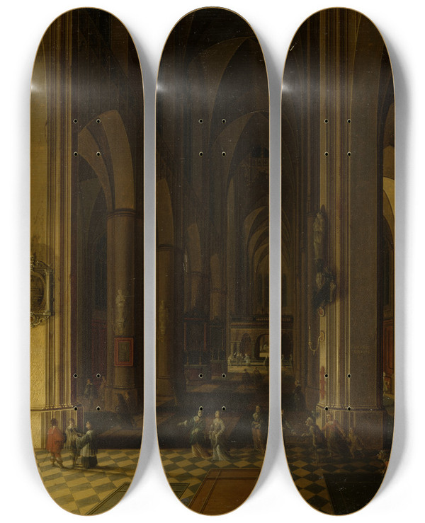 Triptych art skateboard deck of Pieter Neeffs The Younger Interior Of A Gothic Church By Candlelight by Pieter Neeffs The Younger (1620-1675)