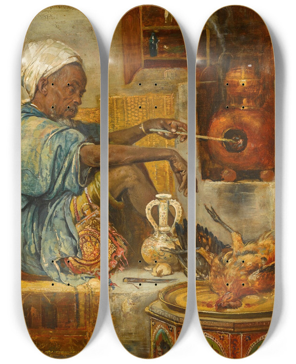 Triptych art skateboard deck of Gyula Tornai The Merchant by Gyula Tornai (1861-1928)