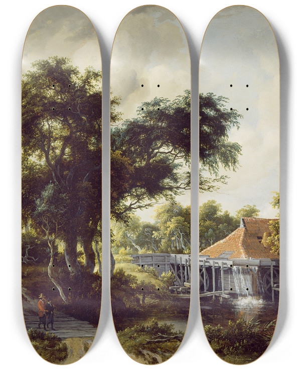 Triptych art skateboard deck of Meindert Hobbema A Watermill_1 by Meindert Hobbema (1638-1709)