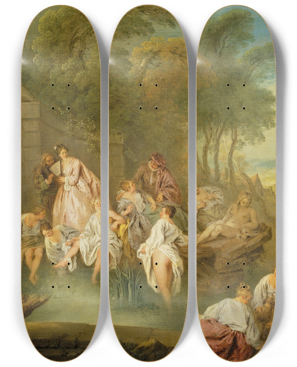 Triptych art skateboard deck of Jeanbaptiste Pater Bathing Party In A Park by Jean-Baptiste Pater (1695-1736)