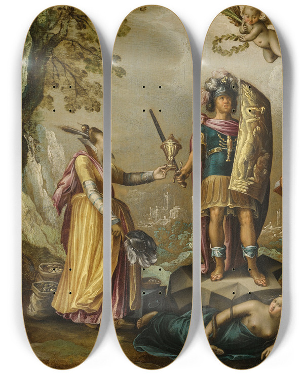 Triptych art skateboard deck of Circle Of David Vinckboons The Christian Soldier by Circle Of David Vinckboons (1576-1632)