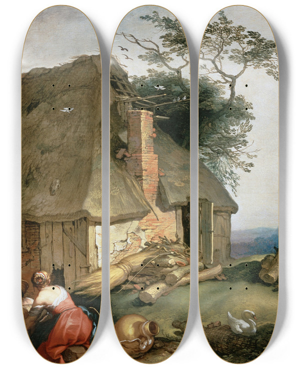 Triptych art skateboard deck of Abraham Bloemaert A Cottage With Peasants Milking Goats by Abraham Bloemaert (1564-1651)