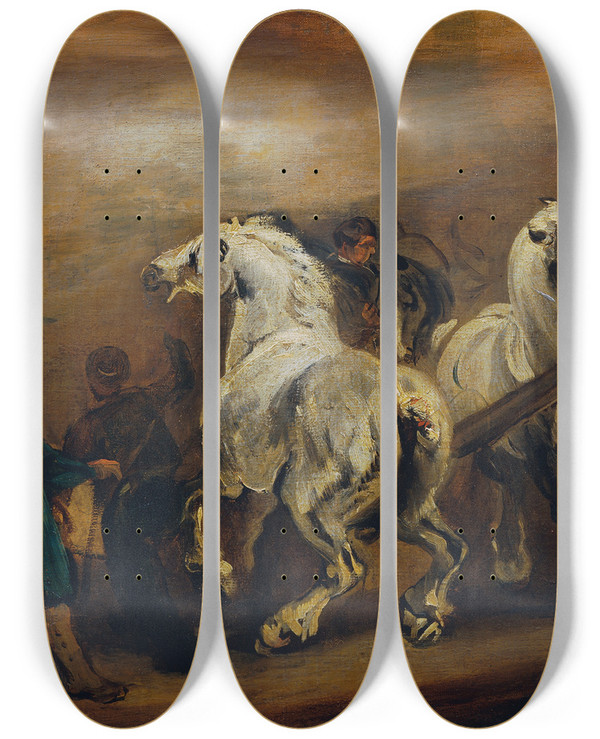 Triptych art skateboard deck of Piotr Von Michalowski Pferdemarkt by Piotr Von Michalowski (1800-1855)
