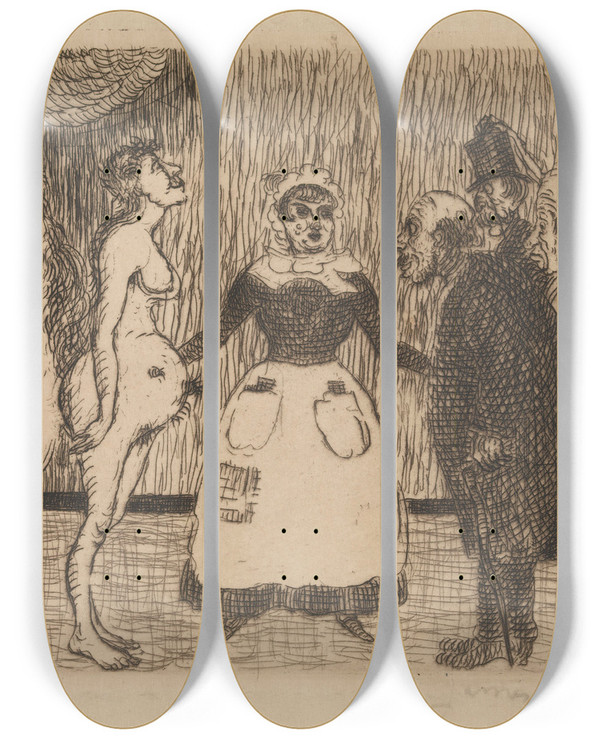 Triptych art skateboard deck of James Ensor The Old Raskals by James Ensor (1860-1949)