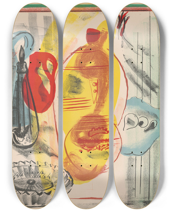 Triptych art skateboard deck of Frances Hodgkins Arrangement Of Jugs by Frances Hodgkins (1869-1947)