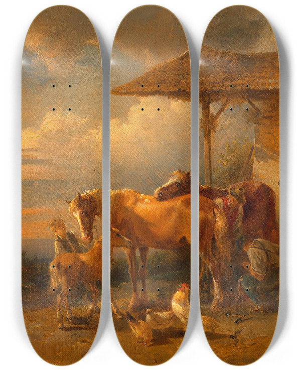 Triptych art skateboard deck of Friedrich August Matthias Gauermann Dorfschmiede by Friedrich August Matthias Gauermann (1807-1862)