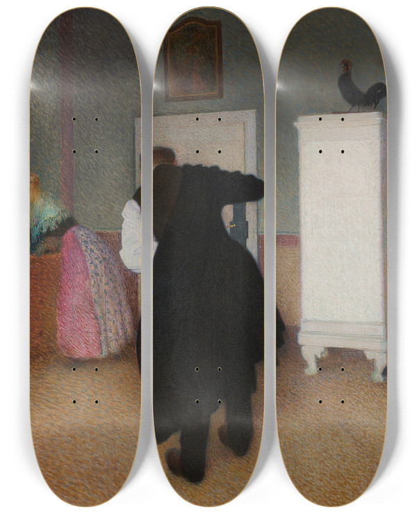 Triptych art skateboard deck of Sigmund Walter Hampel Interieur by Sigmund Walter Hampel (1868-1949)