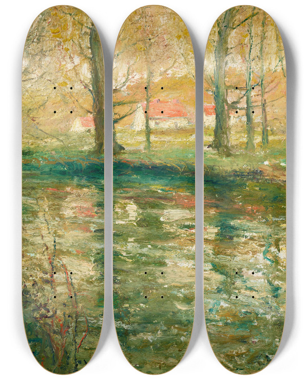 Triptych art skateboard deck of Ernest Lawson Red Rooftops by Ernest Lawson (1873-1939)