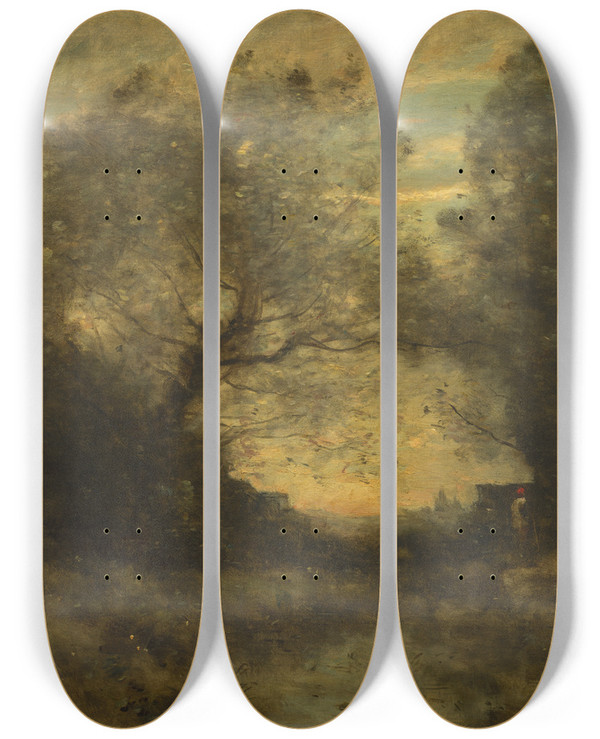 Triptych art skateboard deck of Jeanbaptistecamille Corot The Pond At The Entrance Of The Woods by Jean-Baptiste-Camille Corot (1796-1875)