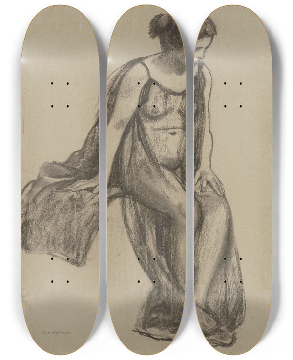 Triptych art skateboard deck of Ludwig Von Hofmann Studienblatt Zwei Frauen Sitzend In Unterschiedlicher Bekleidung by Ludwig Von Hofmann (1861-1945)