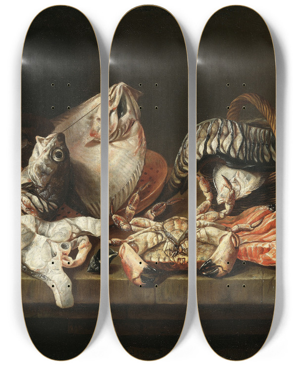 Triptych art skateboard deck of Isaac Van Duynen Still Life With Fishes A Crab And Oysters by Isaac Van Duynen (1628-1680)