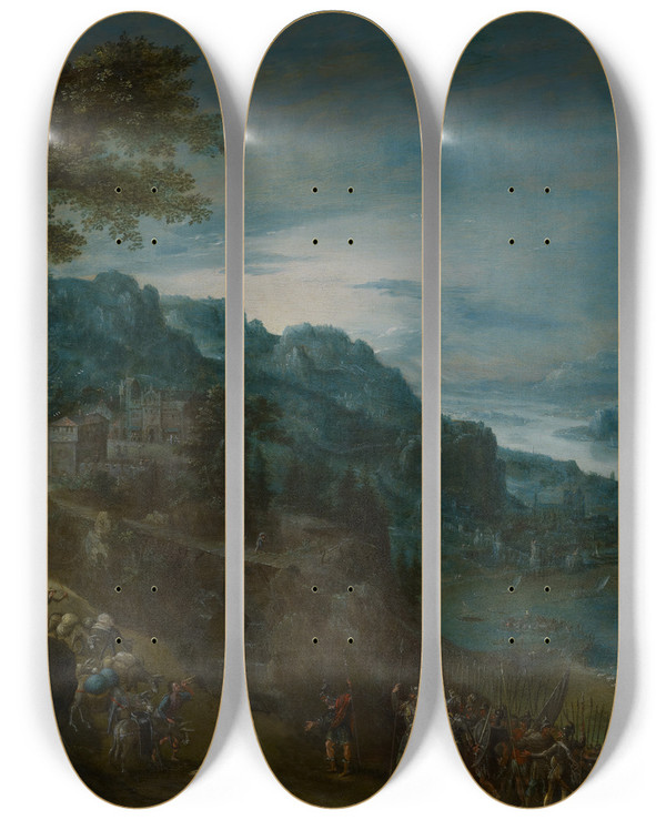 Triptych art skateboard deck of Marten Van Valckenborch The Reconciliation Of Jacob Andesau by Marten Van Valckenborch (1534-1612)