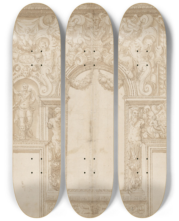 Triptych art skateboard deck of Circle Of Alessandro Vittoria Design For The Decoration Of A Palace Wall Veronese Palazzo by Circle Of Alessandro Vittoria (1525-1608)