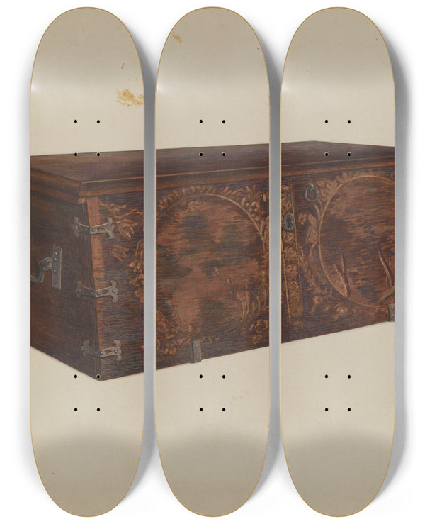 Triptych art skateboard deck of Elizabeth Curtis Chest by Elizabeth Curtis