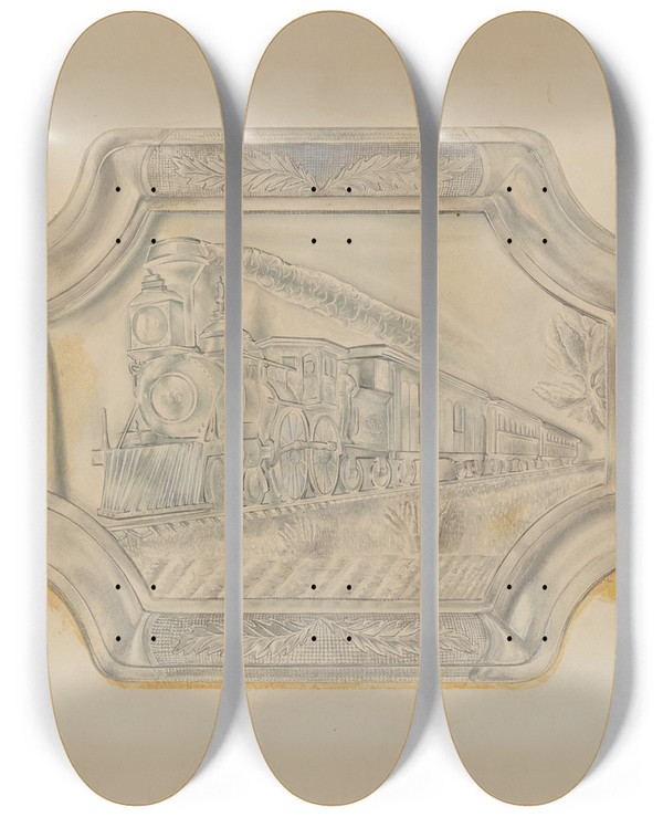 Triptych art skateboard deck of Ralph Atkinson Railroad Platter by Ralph Atkinson (20-)