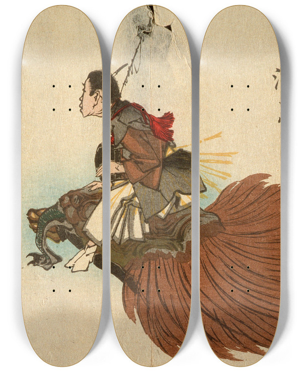 Triptych art skateboard deck of Tsukioka Yoshitoshi Urashima Tar Returning On The Turtle by Tsukioka Yoshitoshi (1839-1892)