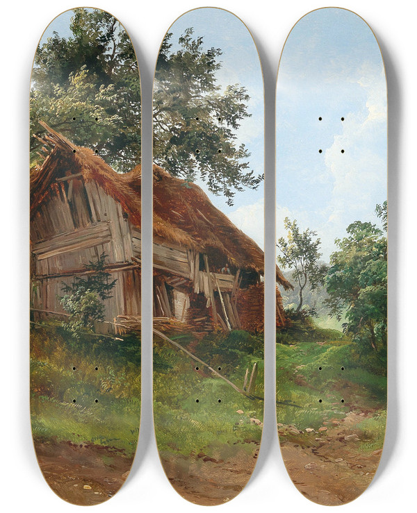 Triptych art skateboard deck of Franz Steinfeld Derelict House by Franz Steinfeld (1787-1868)