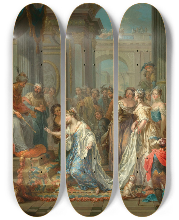 Triptych art skateboard deck of Franz Christoph Janneck Esther Before King Ahasuerus by Franz Christoph Janneck (1703-1761)