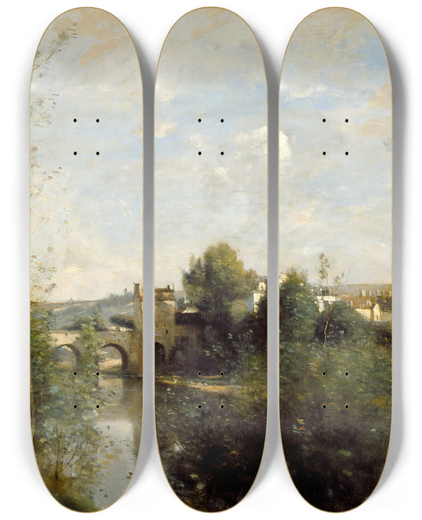 Triptych art skateboard deck of Jeanbaptistecamille Corot Seine And Old Bridge At Limay by Jean-Baptiste-Camille Corot (1796-1875)