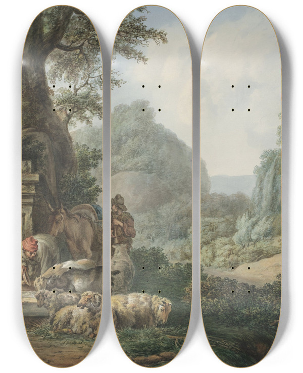 Triptych art skateboard deck of Jan Willem Pieneman Landschap Met Herders Bij Een Waterplaats by Jan Willem Pieneman (1779-1853)