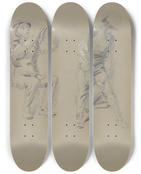 Triptych art skateboard deck of Wilhelm Busch Drei Studien Eines Trinkenden by Wilhelm Busch (1832-1908)