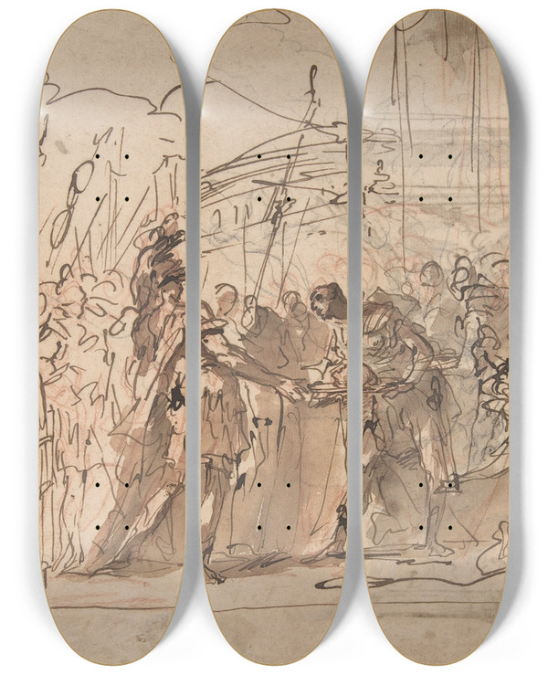 Triptych art skateboard deck of Giovanni Antonio Pellegrini The Head Of Pompey Presented To Julius Caesar by Giovanni Antonio Pellegrini (1675-1741)