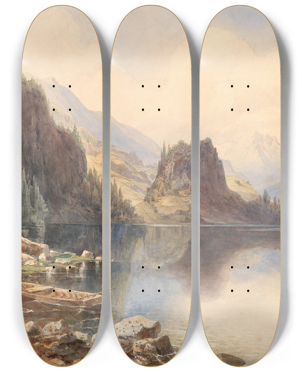 Triptych art skateboard deck of Anton Altmann Gebirgssee by Anton Altmann (1808-1871)