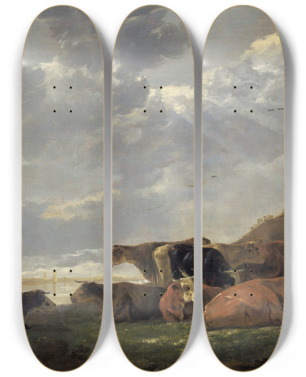 Triptych art skateboard deck of Aelbert Cuyp River Landscape With Cows_1 by Aelbert Cuyp (1620-1691)