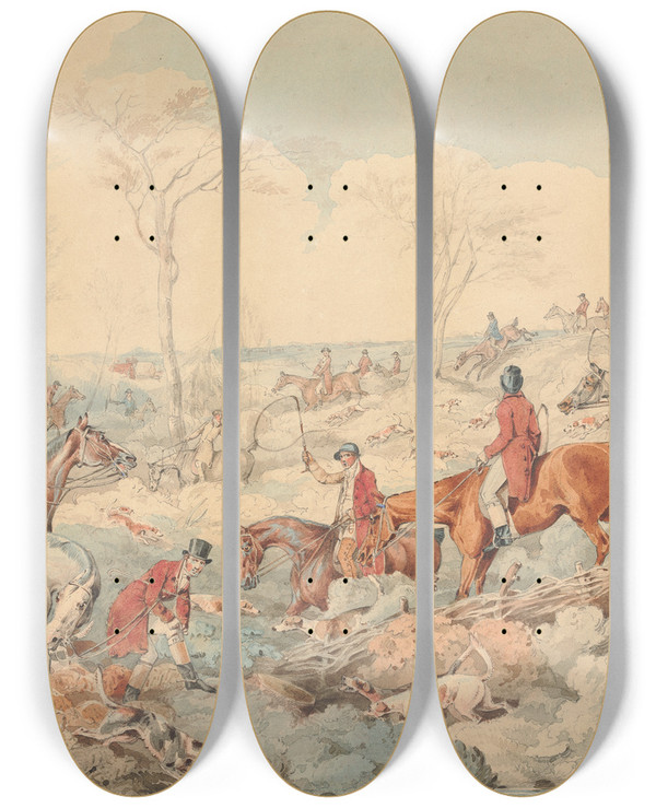 Triptych art skateboard deck of Henry Thomas Alken Foxhunting Drawing A Cover by Henry Thomas Alken (1785-1851)