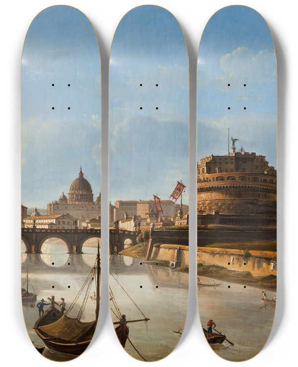 Triptych art skateboard deck of Michelangelo Pacetti View Of The Tiber In Rome Showing St Peters And The Castle Of St Angelo by Michelangelo Pacetti (1793-1855)