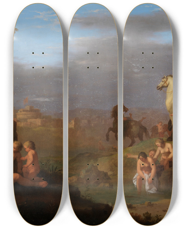 Triptych art skateboard deck of Cornelis Van Poelenburg The Flight Of Cloelia by Cornelis Van Poelenburg