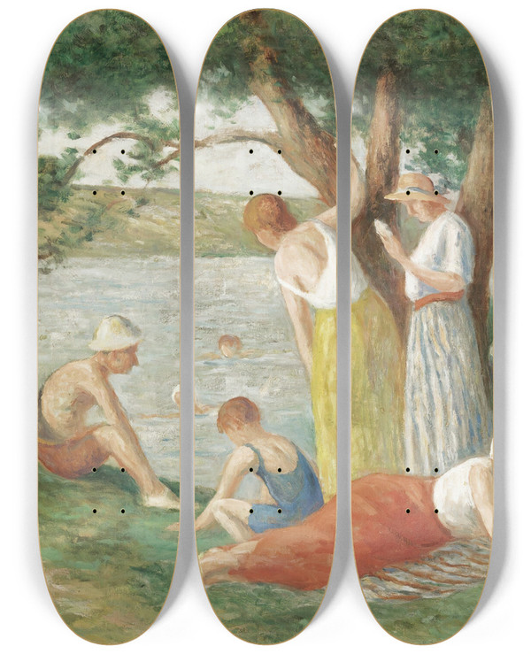 Triptych art skateboard deck of Maximilien Luce Rolleboise La Baignade by Maximilien Luce (1858-1941)