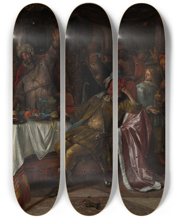 Triptych art skateboard deck of Jan Steen Esther Ahasuerus And Haman by Jan Steen (1626-1679)
